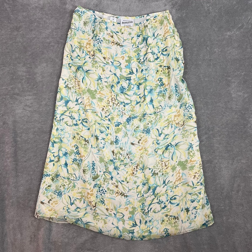 VTG Pendleton‎ Midi Skirt Womens 10 100% Silk Floral Bright Vacation Resort